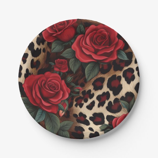 Assiettes En Carton Roses et Empreintes de léopard (Devant)