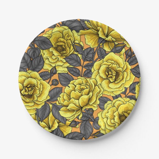 Assiettes En Carton Roses jaunes avec feuilles gris sur orange (Devant)