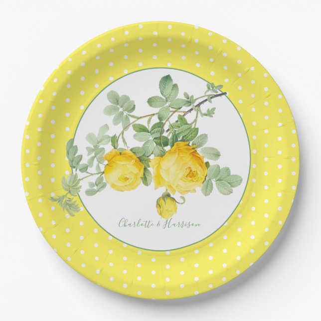 Assiettes En Carton Roses Jaunes Soleil Floral Mariage Élégant (Devant)