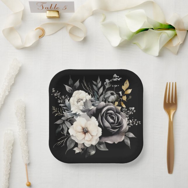 Assiettes En Carton Roses noirs et gris et Feuilles d'or (Mariage)