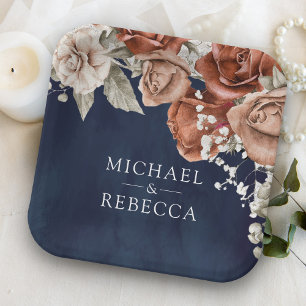 Assiettes En Carton Roses orange brûlé Terracotta Floral Navy Mariage