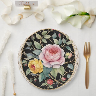 Assiettes En Carton Roses Rose Et Jaune Floral Noir Et Or