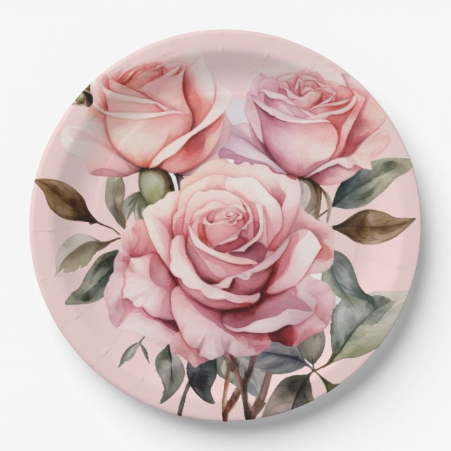 Assiettes En Carton Roses roses élégantes Mariage (Devant)