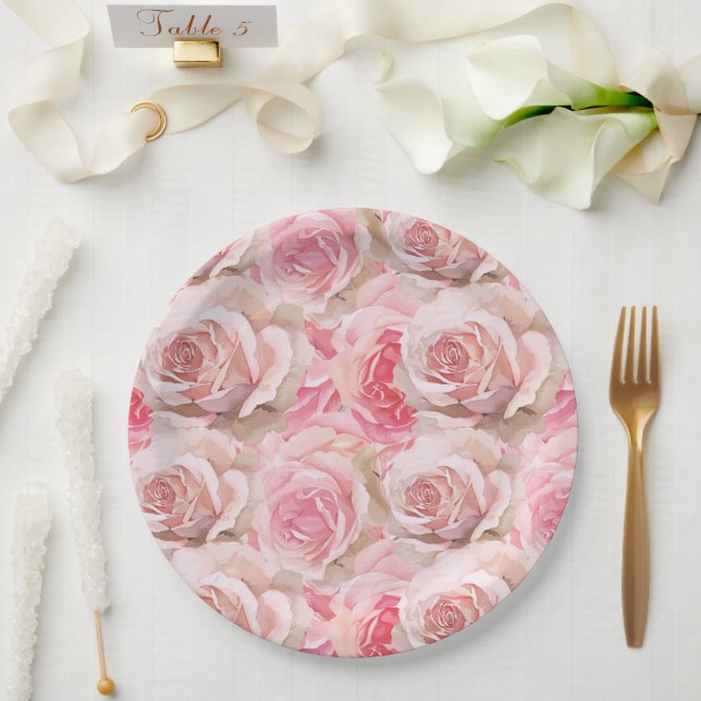 Assiettes En Carton Roses roses romantiques Fête des mariées florale (Mariage)