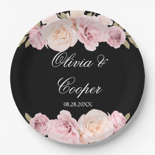Assiettes En Carton Roses roses roses noires et blanches Mariage chic (Devant)