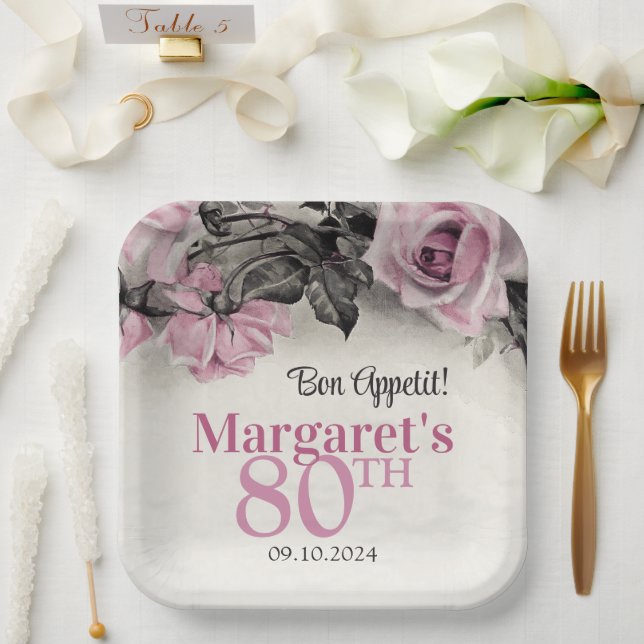Assiettes En Carton Roses roses vintages 80e anniversaire (Mariage)