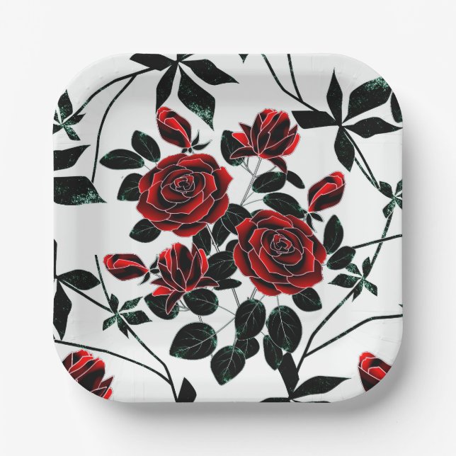 Assiettes En Carton Roses rouges. (Recto)