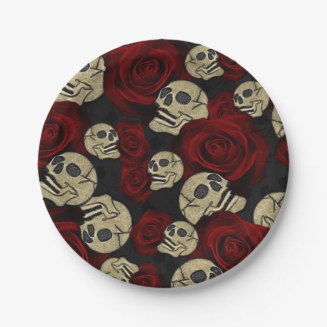 Assiettes En Carton Roses Rouges & Crânes Floral Gothique Gris Noir (Devant)