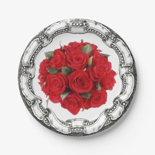 Assiettes En Carton Roses rouges de bouquet vintage de regard