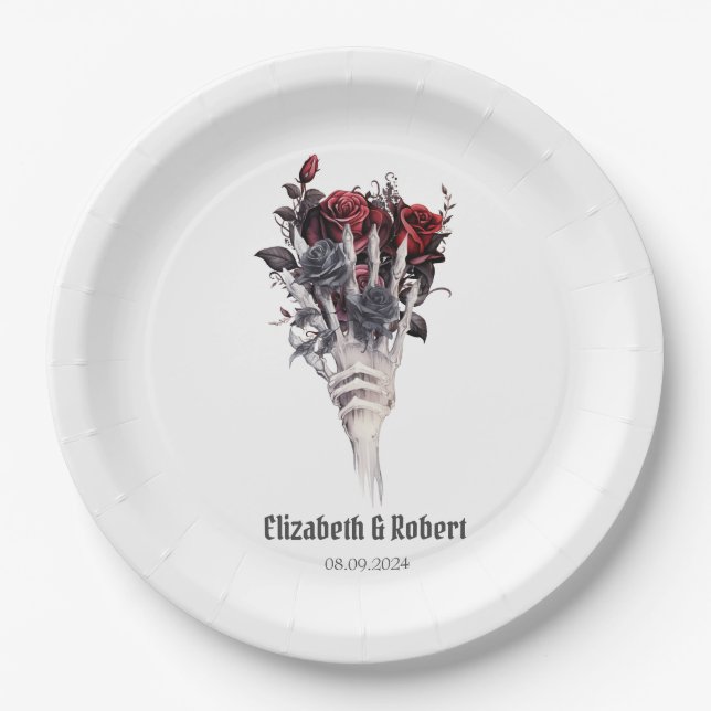 Assiettes En Carton Roses rouges gothiques Squelette Mariage (Devant)