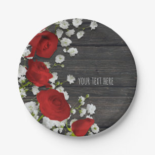Assiettes En Carton Roses Rouges & Gypsophile sur Bois Baby Shower