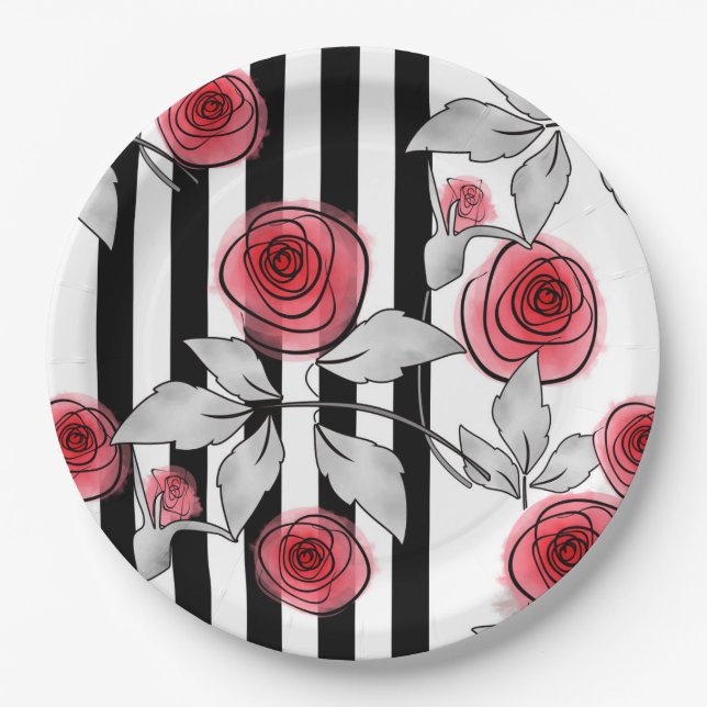 Assiettes En Carton Roses rouges, roses d'aquarelle (Devant)