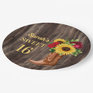 Assiettes En Carton Roses Rouges Tournesols Bottes de Cowboy Sweet 16