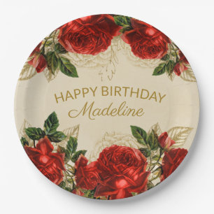 Assiettes En Carton Roses Rouges Vintage Joyeux Anniversaire Femme