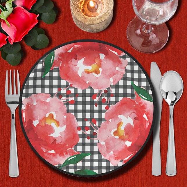 Assiettes En Carton Roses sur Vichy noir et blanc (Roses on Black and White Gingham Paper Plates)