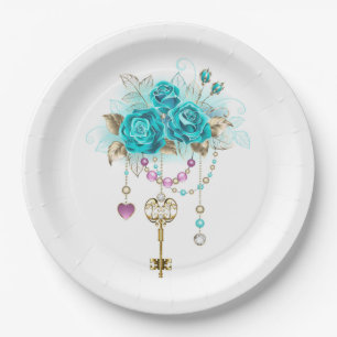 Assiettes En Carton Roses turquoise avec touches