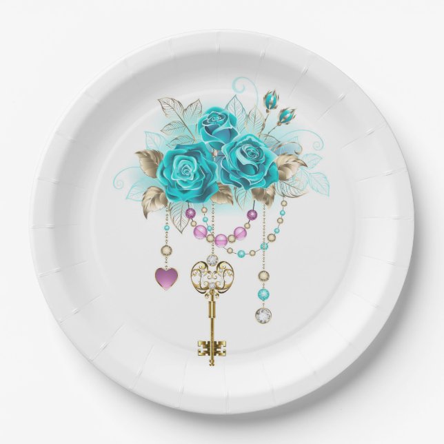 Assiettes En Carton Roses turquoise avec touches (Devant)