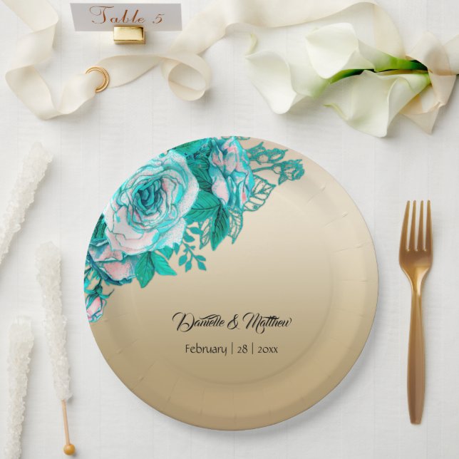 Assiettes En Carton Roses Turquoise sur Alliance en Or (Mariage)