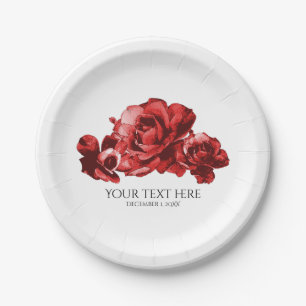Assiettes En Carton Roses Vintage Aquarelle Rouge Élégant Mariage