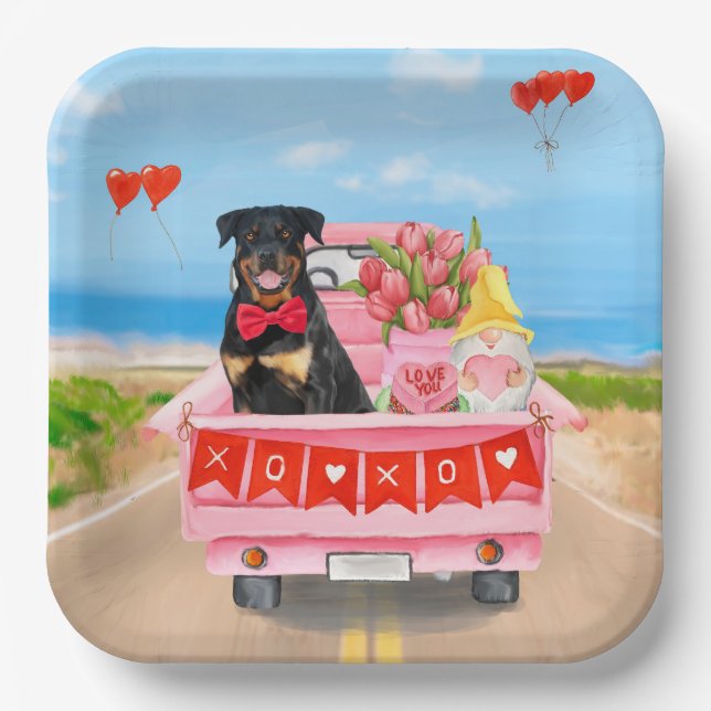 Assiettes En Carton Rottweiler Chien Saint Valentin Coeurs de Camion (Recto)