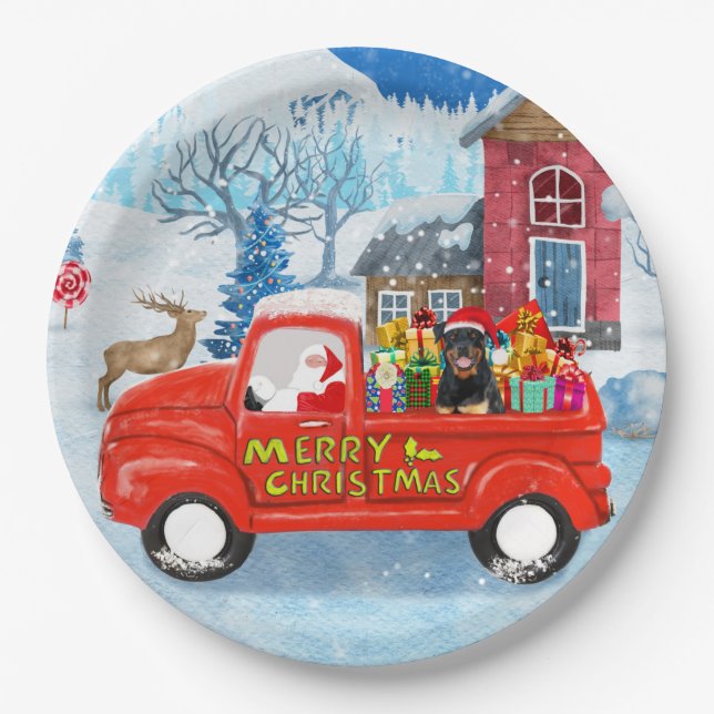 Assiettes En Carton Rottweiler Dog Christmas Delivery Truck Snow   (Devant)