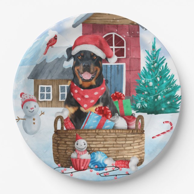 Assiettes En Carton Rottweiler Dog In snow Christmas Dog House (Devant)