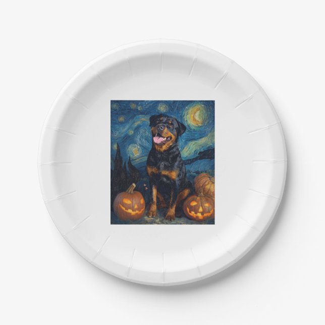 Assiettes En Carton Rottweiler mignon chien Halloween Jack-o'-lantern  (Devant)