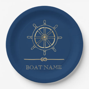 Assiettes En Carton Roue de bateau en or nautique, Bleu marine