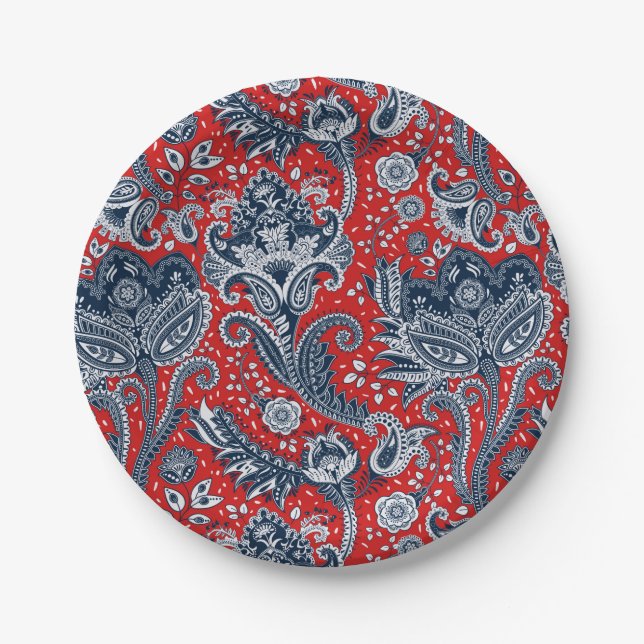 Assiettes En Carton Rouge Blanc & Bleu Floral Paisley Bohème Boho (Devant)