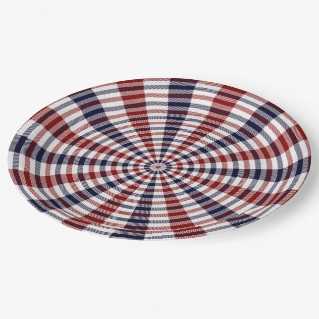 Assiettes En Carton Rouge blanc et bleu cercle carreaux (Angle)