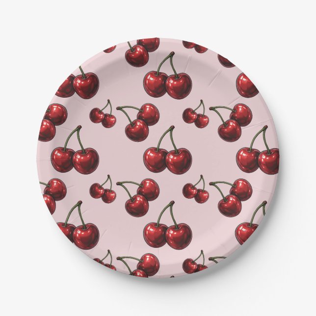 Assiettes En Carton Rouge brillant Cerises rose Retro Party (Devant)