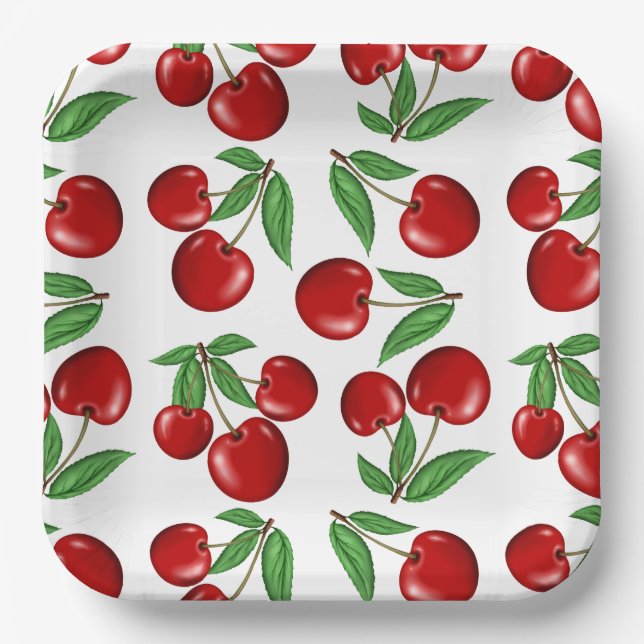 Assiettes En Carton Rouge Cerises style rétro Impression graphique (Recto)