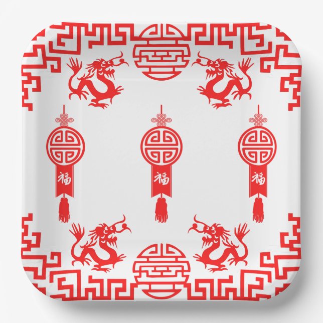 Assiettes En Carton Rouge Dragon Oriental Carré Papier (Recto)