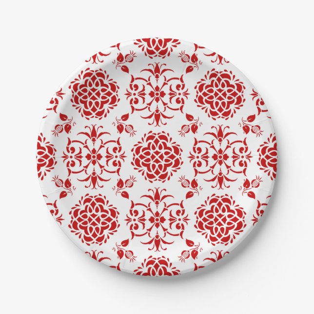 Assiettes En Carton Rouge et blanc Floral Damask Style Motif (Devant)