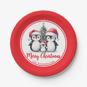 Assiettes En Carton Rouge et blanc Pingouins Famille Joyeux Noël