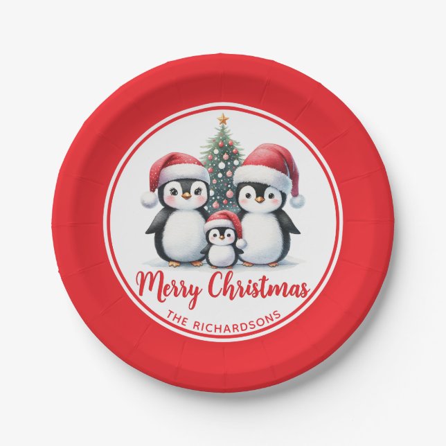 Assiettes En Carton Rouge et blanc Pingouins Famille Joyeux Noël (Devant)