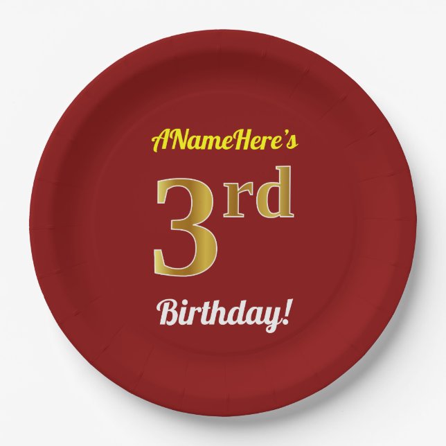 Assiettes En Carton Rouge, Faux Gold 3ème anniversaire + Nom personnal (Devant)