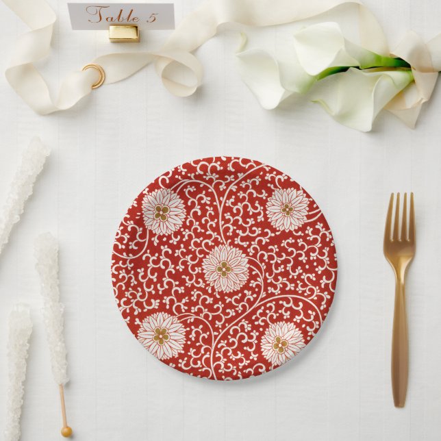 Assiettes En Carton Rouge Floral Vibrant Ornate Classé Motif (Mariage)