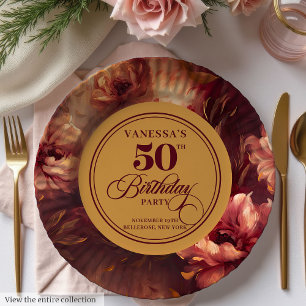Assiettes En Carton Rouge foncé tendance Blush Fleurs dorées 50e Anniv