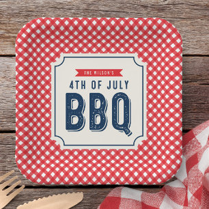 Assiettes En Carton Rouge Gingham et BBQ du 4 juillet en bleu 