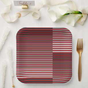 Assiettes En Carton Rouge, Gris, Noir, Rayures Blanches