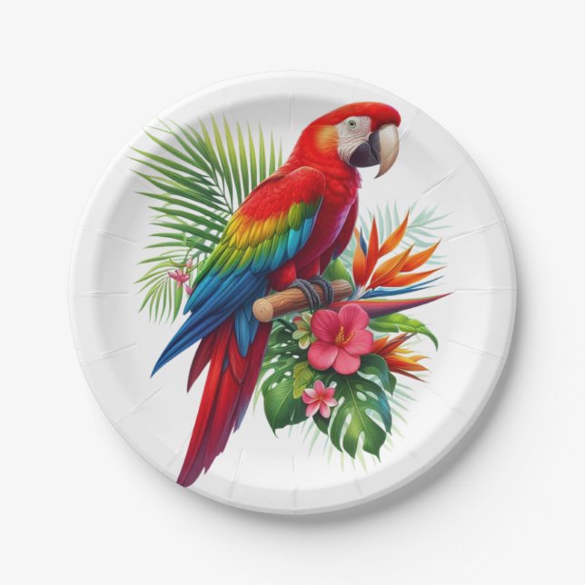 Assiettes En Carton Rouge macaw tropical floral (Devant)