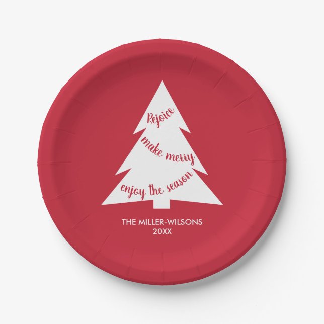 Assiettes En Carton Rouge moderne Blanc Noël Arbre Nom Fête (Devant)