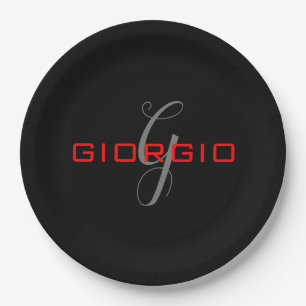 Assiettes En Carton Rouge noir Votre nom Monogramme initial Moderne