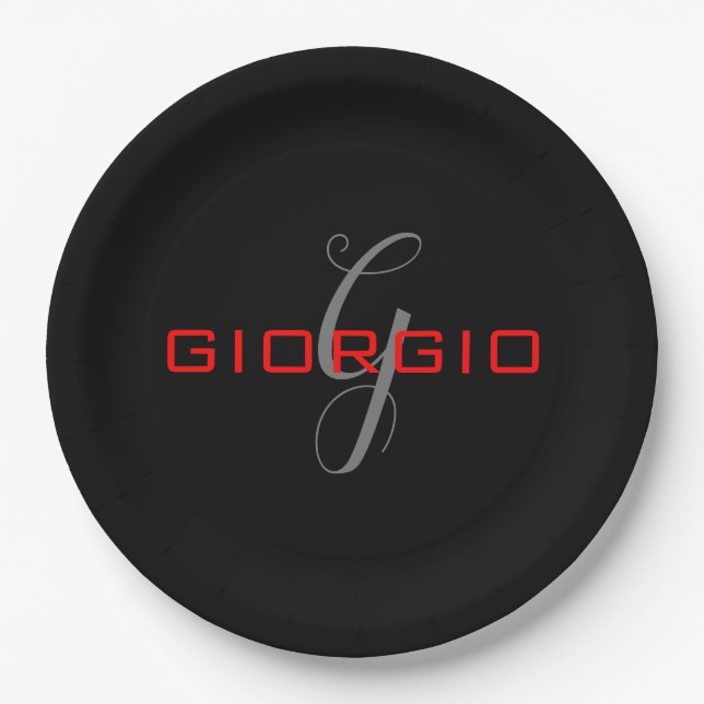 Assiettes En Carton Rouge noir Votre nom Monogramme initial Moderne (Devant)