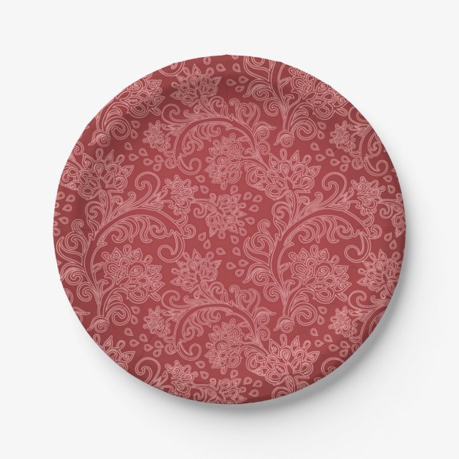 Assiettes En Carton Rouge Paisley Damask Designer Floral Classic (Devant)