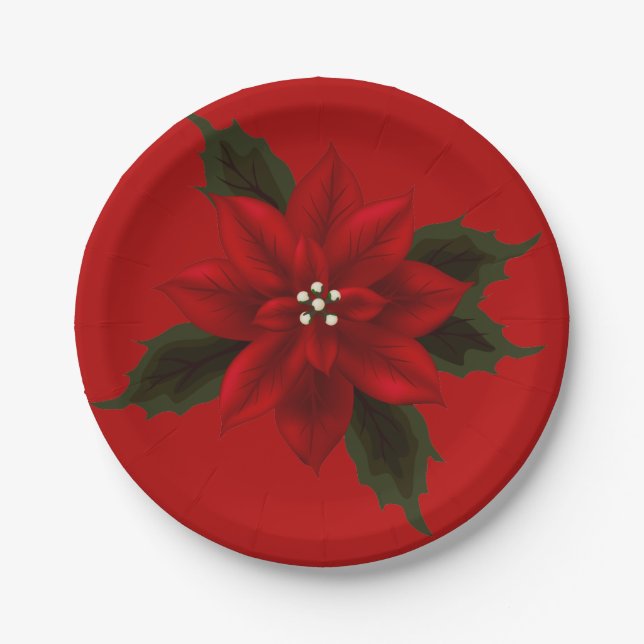 Assiettes En Carton Rouge Poinsettia Noël 7" (Devant)