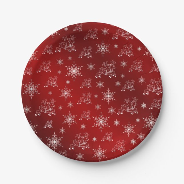 Assiettes En Carton rouge, rennes, étoile, étoiles, flocon de neige, n (Devant)