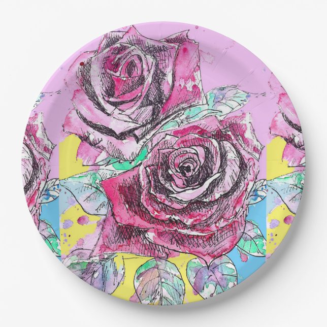 Assiettes En Carton Rouge Rose Motif Art Papier de la Fleur Plaque (Devant)