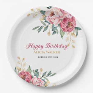 Assiettes En Carton Rouge rose Peony Gold Leaf Verdure Anniversaire Br